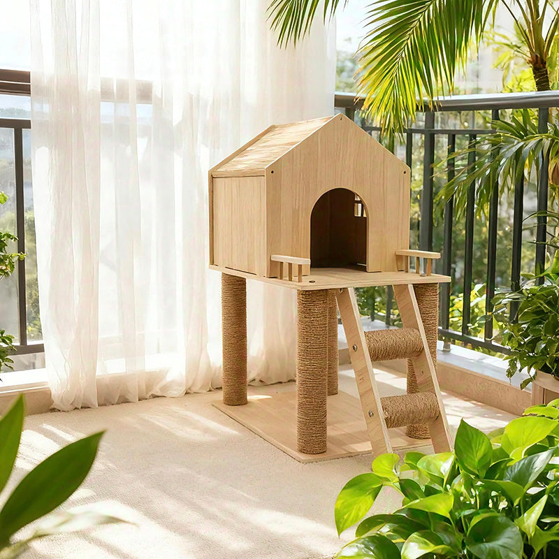 Scandinavian-Style Rectangular Solid-Wood Cat Tree with Hemp Rope, 2-Tier Multi-Layer Design for Living Room