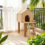 Scandinavian-Style Rectangular Solid-Wood Cat Tree with Hemp Rope, 2-Tier Multi-Layer Design for Living Room