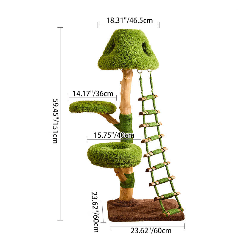 Contemporary Round Cat Tree with Natural Fruitwood Finish, Velvet Fabric & Sisal Posts – 4-Tier Particleboard Cat Tower for Living Room