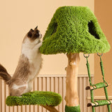 Contemporary Round Cat Tree with Natural Fruitwood Finish, Velvet Fabric & Sisal Posts – 4-Tier Particleboard Cat Tower for Living Room
