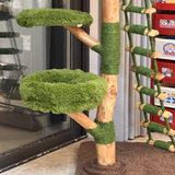 Contemporary Round Cat Tree with Natural Fruitwood Finish, Velvet Fabric & Sisal Posts – 4-Tier Particleboard Cat Tower for Living Room