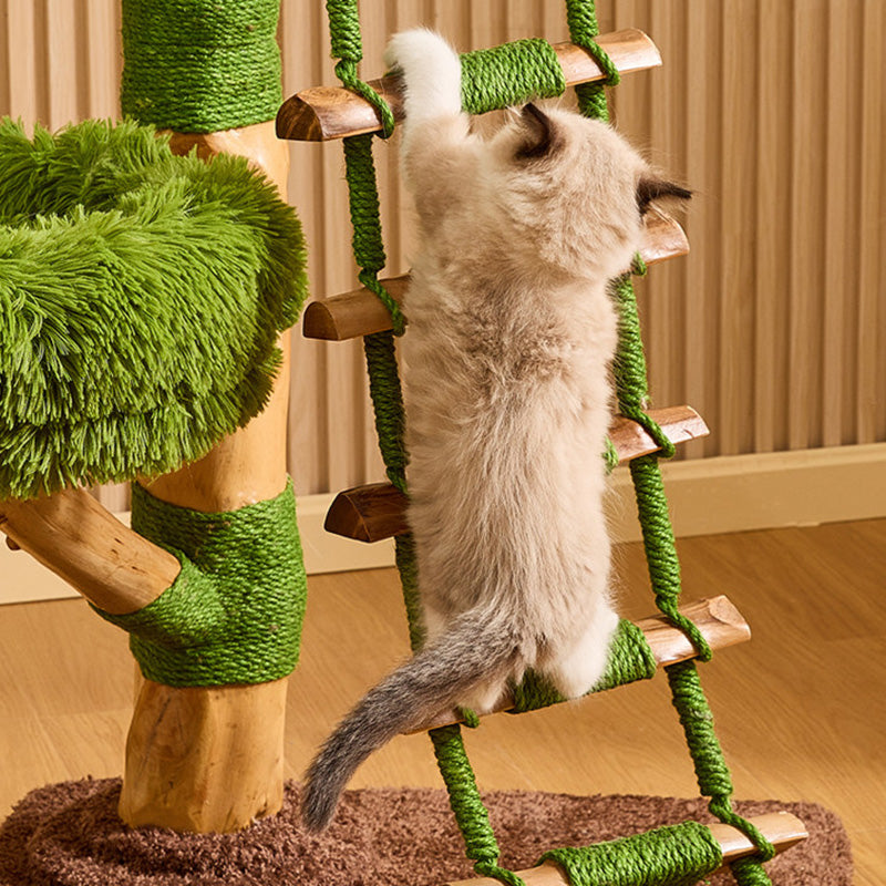 Contemporary Round Cat Tree with Natural Fruitwood Finish, Velvet Fabric & Sisal Posts – 4-Tier Particleboard Cat Tower for Living Room
