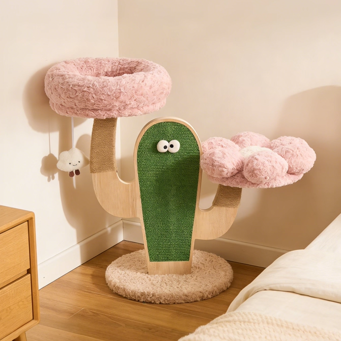 Contemporary Round Multi-Layer Solid Wood Cat Tree with MDF Panels, Velvet Fabric and Sisal Rope – 3-Tier Living Room