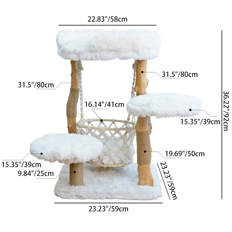 Contemporary Scandinavian 3-Tier Cat Tree – Rectangular Particleboard, Natural Fruitwood Finish, Hemp Rope & Velvet Fabric for Living Room