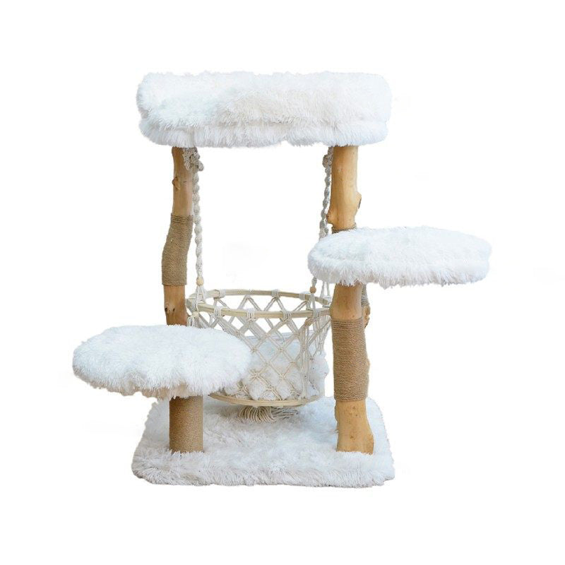 Contemporary Scandinavian 3-Tier Cat Tree – Rectangular Particleboard, Natural Fruitwood Finish, Hemp Rope & Velvet Fabric for Living Room