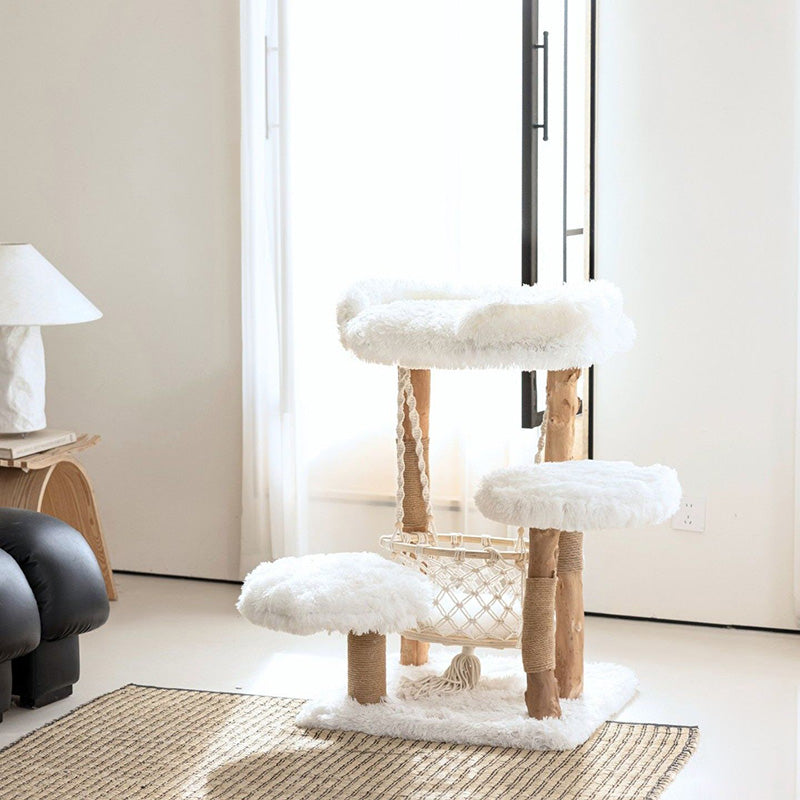 Contemporary Scandinavian 3-Tier Cat Tree – Rectangular Particleboard, Natural Fruitwood Finish, Hemp Rope & Velvet Fabric for Living Room