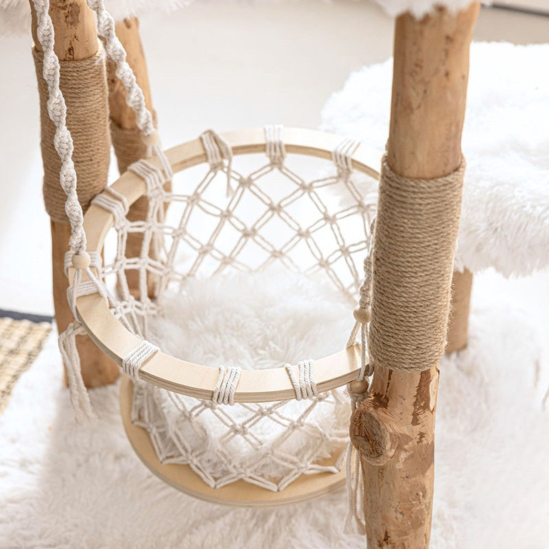 Contemporary Scandinavian 3-Tier Cat Tree – Rectangular Particleboard, Natural Fruitwood Finish, Hemp Rope & Velvet Fabric for Living Room