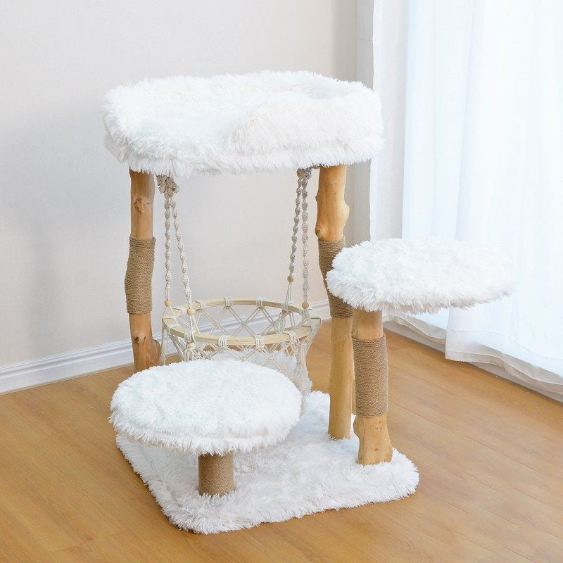 Contemporary Scandinavian 3-Tier Cat Tree – Rectangular Particleboard, Natural Fruitwood Finish, Hemp Rope & Velvet Fabric for Living Room