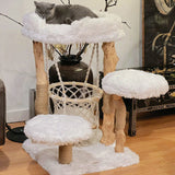 Contemporary Scandinavian 3-Tier Cat Tree – Rectangular Particleboard, Natural Fruitwood Finish, Hemp Rope & Velvet Fabric for Living Room