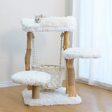 Contemporary Scandinavian 3-Tier Cat Tree – Rectangular Particleboard, Natural Fruitwood Finish, Hemp Rope & Velvet Fabric for Living Room