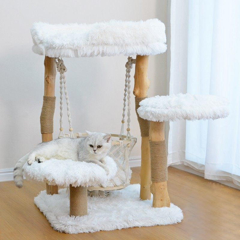 Contemporary Scandinavian 3-Tier Cat Tree – Rectangular Particleboard, Natural Fruitwood Finish, Hemp Rope & Velvet Fabric for Living Room