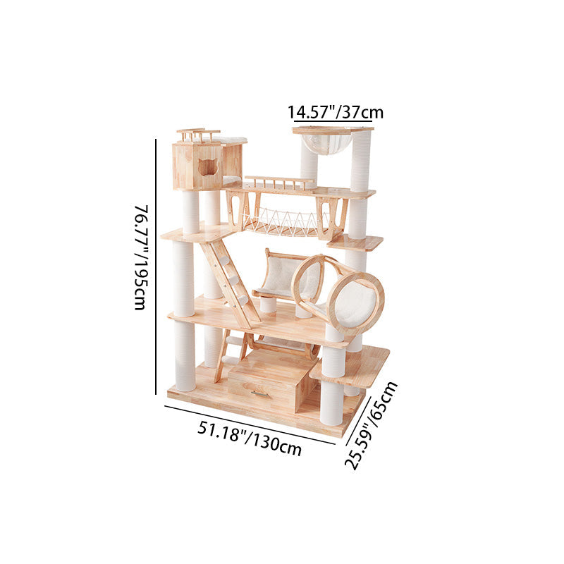 6-Tier Large Cat Tree – Contemporary Scandinavian Rectangular Solid Wood Panel Cat Tower with Velvet Fabric, Paper Rope, and Acrylic Accents for Living Room