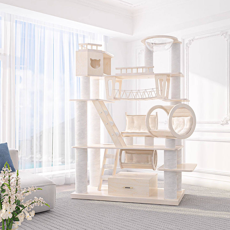 6-Tier Large Cat Tree – Contemporary Scandinavian Rectangular Solid Wood Panel Cat Tower with Velvet Fabric, Paper Rope, and Acrylic Accents for Living Room