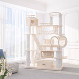 6-Tier Large Cat Tree – Contemporary Scandinavian Rectangular Solid Wood Panel Cat Tower with Velvet Fabric, Paper Rope, and Acrylic Accents for Living Room