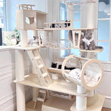 6-Tier Large Cat Tree – Contemporary Scandinavian Rectangular Solid Wood Panel Cat Tower with Velvet Fabric, Paper Rope, and Acrylic Accents for Living Room
