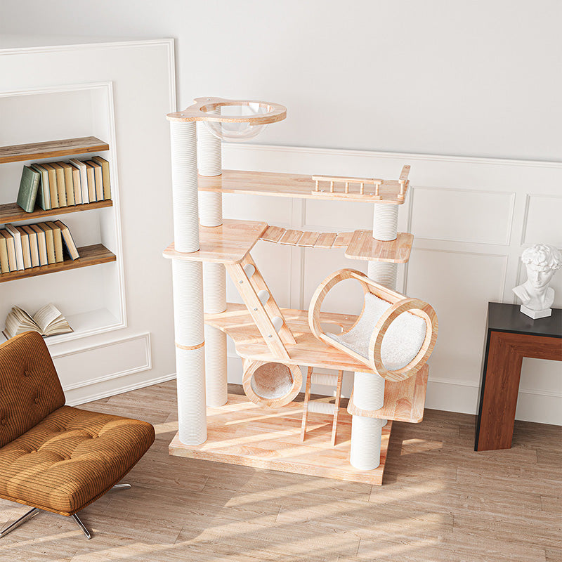 6-Tier Large Cat Tree – Contemporary Scandinavian Rectangular Solid Wood Panel Cat Tower with Velvet Fabric, Paper Rope, and Acrylic Accents for Living Room
