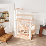 6-Tier Large Cat Tree – Contemporary Scandinavian Rectangular Solid Wood Panel Cat Tower with Velvet Fabric, Paper Rope, and Acrylic Accents for Living Room
