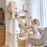 6-Tier Large Cat Tree – Contemporary Scandinavian Rectangular Solid Wood Panel Cat Tower with Velvet Fabric, Paper Rope, and Acrylic Accents for Living Room