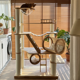 6-Tier Large Cat Tree – Contemporary Scandinavian Rectangular Solid Wood Panel Cat Tower with Velvet Fabric, Paper Rope, and Acrylic Accents for Living Room