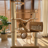 6-Tier Large Cat Tree – Contemporary Scandinavian Rectangular Solid Wood Panel Cat Tower with Velvet Fabric, Paper Rope, and Acrylic Accents for Living Room