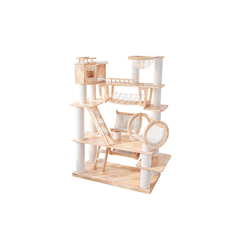 6-Tier Large Cat Tree – Contemporary Scandinavian Rectangular Solid Wood Panel Cat Tower with Velvet Fabric, Paper Rope, and Acrylic Accents for Living Room