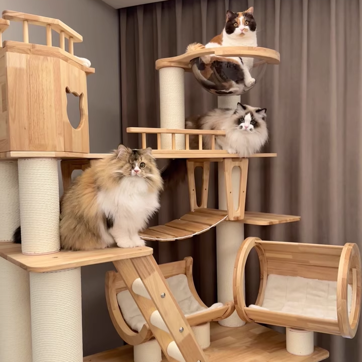 6-Tier Large Cat Tree – Contemporary Scandinavian Rectangular Solid Wood Panel Cat Tower with Velvet Fabric, Paper Rope, and Acrylic Accents for Living Room