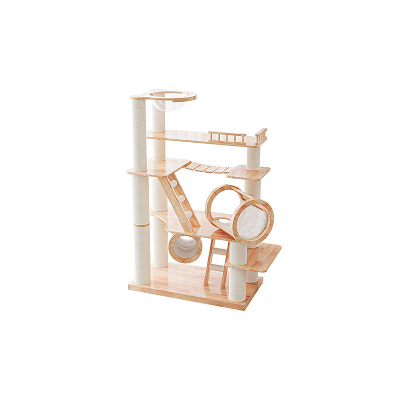 6-Tier Large Cat Tree – Contemporary Scandinavian Rectangular Solid Wood Panel Cat Tower with Velvet Fabric, Paper Rope, and Acrylic Accents for Living Room