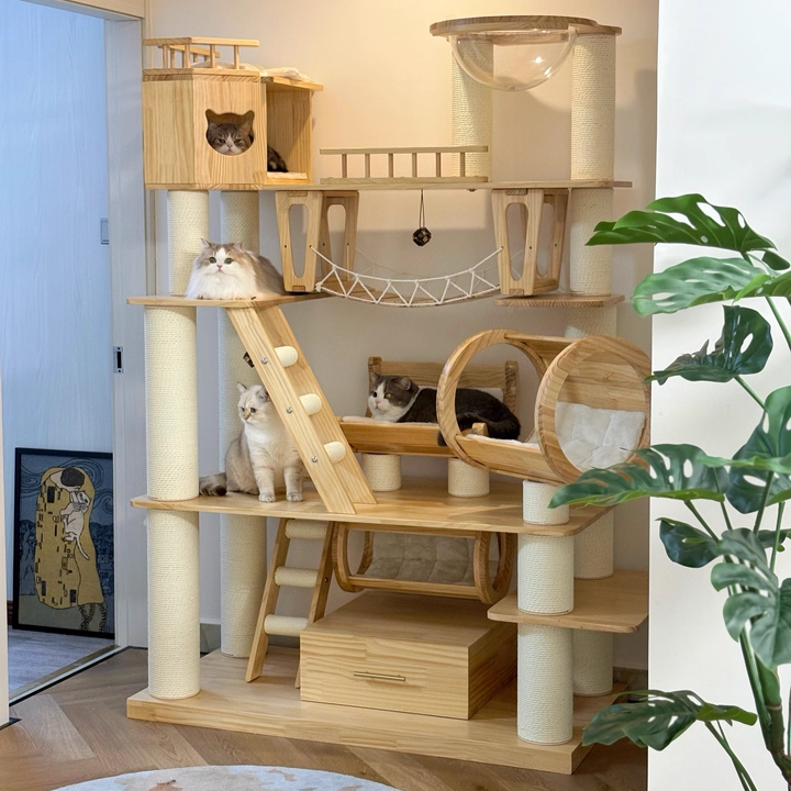 6-Tier Large Cat Tree – Contemporary Scandinavian Rectangular Solid Wood Panel Cat Tower with Velvet Fabric, Paper Rope, and Acrylic Accents for Living Room