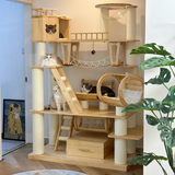 6-Tier Large Cat Tree – Contemporary Scandinavian Rectangular Solid Wood Panel Cat Tower with Velvet Fabric, Paper Rope, and Acrylic Accents for Living Room