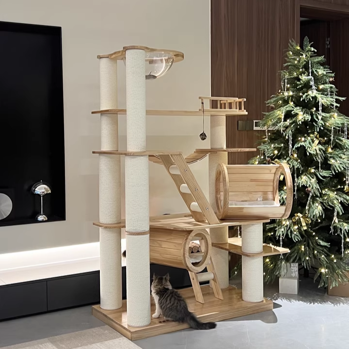 6-Tier Large Cat Tree – Contemporary Scandinavian Rectangular Solid Wood Panel Cat Tower with Velvet Fabric, Paper Rope, and Acrylic Accents for Living Room