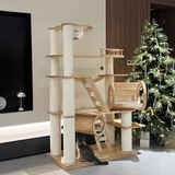 6-Tier Large Cat Tree – Contemporary Scandinavian Rectangular Solid Wood Panel Cat Tower with Velvet Fabric, Paper Rope, and Acrylic Accents for Living Room
