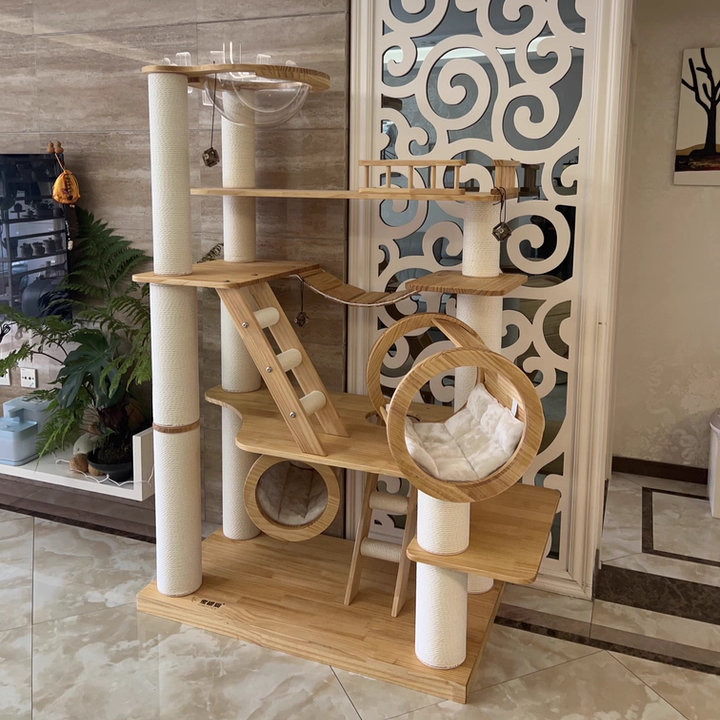 6-Tier Large Cat Tree – Contemporary Scandinavian Rectangular Solid Wood Panel Cat Tower with Velvet Fabric, Paper Rope, and Acrylic Accents for Living Room