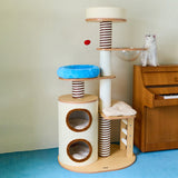 Modern Scandinavian Round Cat Tree, 5-Tier with Velvet Fabric, Particleboard Base, Paper Rope & Paper Tube – Perfect for the Living Room