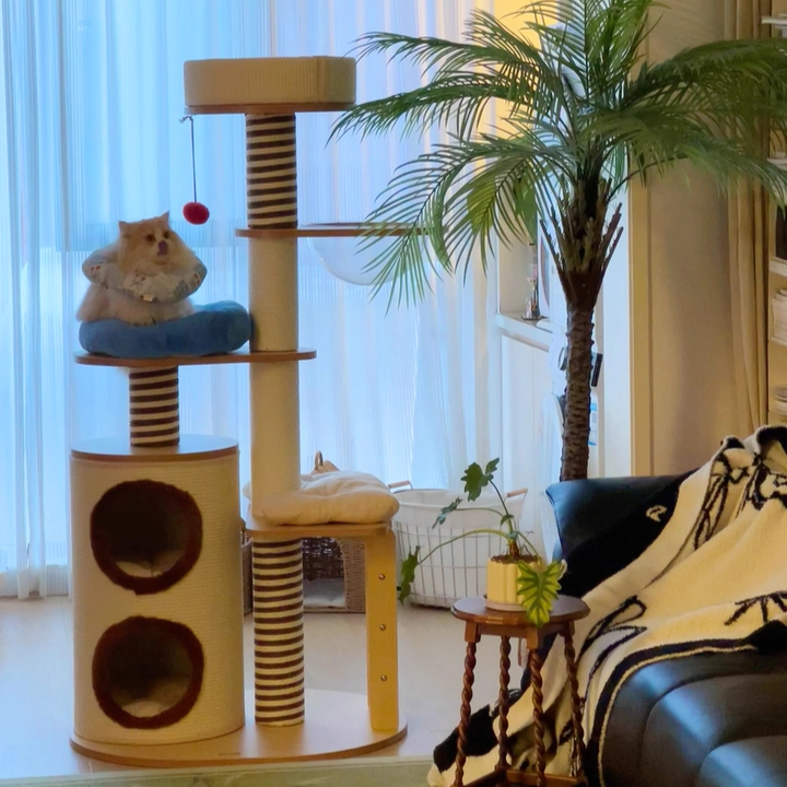 Modern Scandinavian Round Cat Tree, 5-Tier with Velvet Fabric, Particleboard Base, Paper Rope & Paper Tube – Perfect for the Living Room