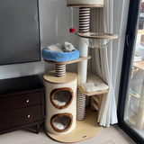 Modern Scandinavian Round Cat Tree, 5-Tier with Velvet Fabric, Particleboard Base, Paper Rope & Paper Tube – Perfect for the Living Room