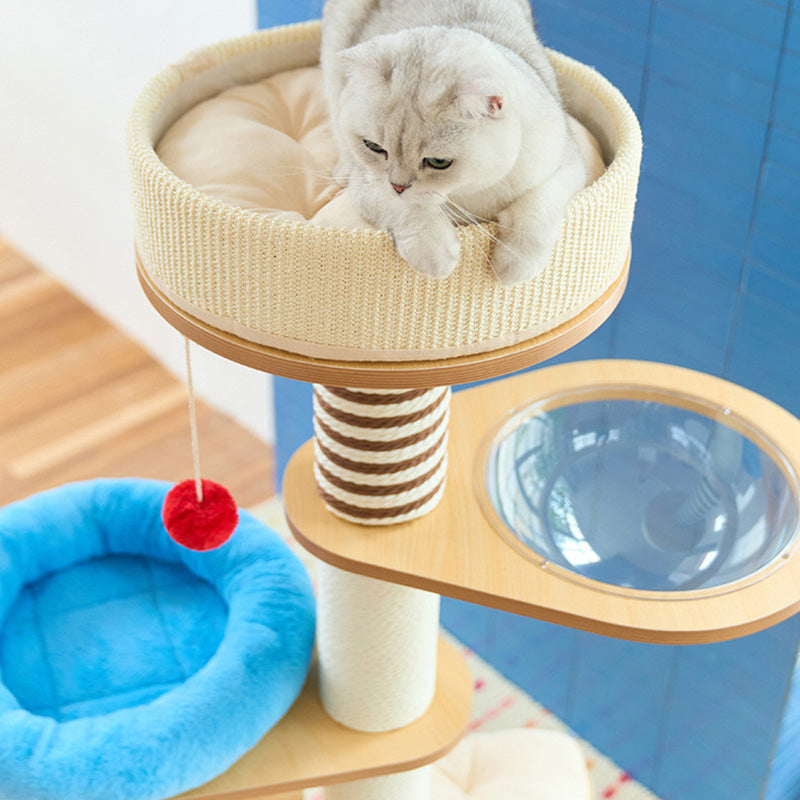 Modern Scandinavian Round Cat Tree, 5-Tier with Velvet Fabric, Particleboard Base, Paper Rope & Paper Tube – Perfect for the Living Room