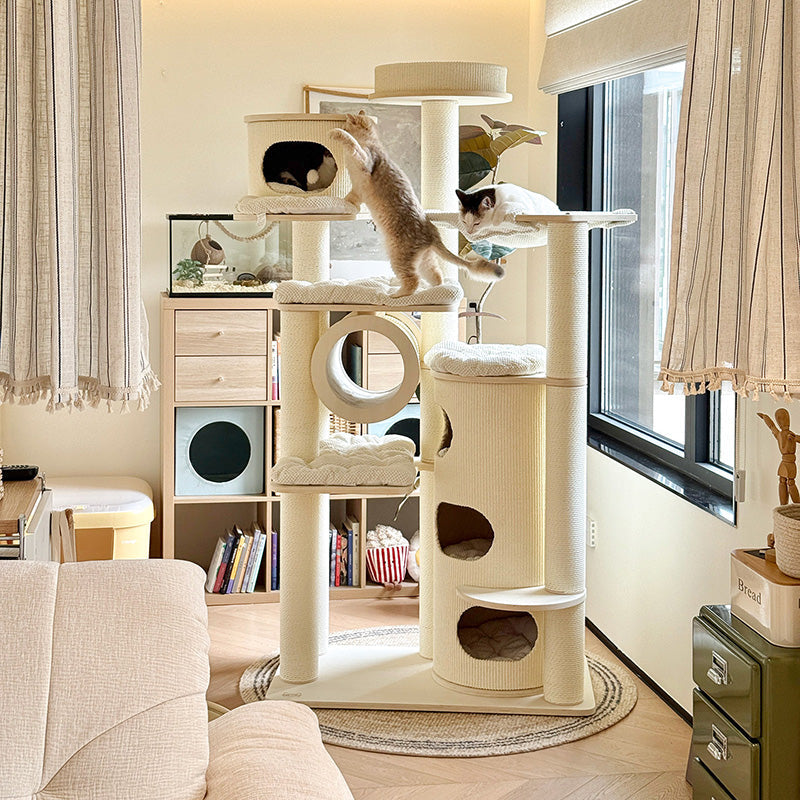 Contemporary Scandinavian 7-Tier Cat Tree with Round Solid Wood Panels, Multi-Layer Construction, Paper Rope Tubes and Corduroy Covers – Stylish Living Room Cat Furniture