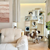 Contemporary Scandinavian 7-Tier Cat Tree with Round Solid Wood Panels, Multi-Layer Construction, Paper Rope Tubes and Corduroy Covers – Stylish Living Room Cat Furniture