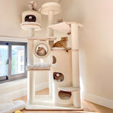 Contemporary Scandinavian 7-Tier Cat Tree with Round Solid Wood Panels, Multi-Layer Construction, Paper Rope Tubes and Corduroy Covers – Stylish Living Room Cat Furniture