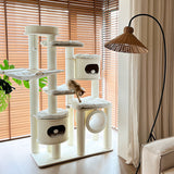 Contemporary Scandinavian 7-Tier Cat Tree with Round Solid Wood Panels, Multi-Layer Construction, Paper Rope Tubes and Corduroy Covers – Stylish Living Room Cat Furniture
