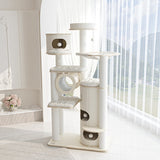 Contemporary Scandinavian 7-Tier Cat Tree with Round Solid Wood Panels, Multi-Layer Construction, Paper Rope Tubes and Corduroy Covers – Stylish Living Room Cat Furniture