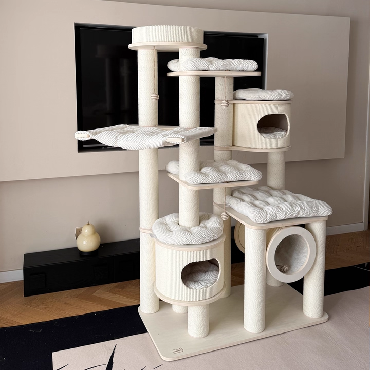 Contemporary Scandinavian 7-Tier Cat Tree with Round Solid Wood Panels, Multi-Layer Construction, Paper Rope Tubes and Corduroy Covers – Stylish Living Room Cat Furniture