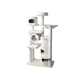 Contemporary Scandinavian 7-Tier Cat Tree with Round Solid Wood Panels, Multi-Layer Construction, Paper Rope Tubes and Corduroy Covers – Stylish Living Room Cat Furniture