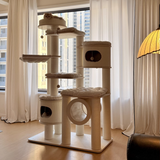 Contemporary Scandinavian 7-Tier Cat Tree with Round Solid Wood Panels, Multi-Layer Construction, Paper Rope Tubes and Corduroy Covers – Stylish Living Room Cat Furniture