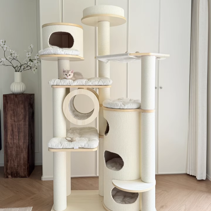 Contemporary Scandinavian 7-Tier Cat Tree with Round Solid Wood Panels, Multi-Layer Construction, Paper Rope Tubes and Corduroy Covers – Stylish Living Room Cat Furniture