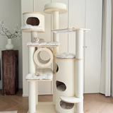 Contemporary Scandinavian 7-Tier Cat Tree with Round Solid Wood Panels, Multi-Layer Construction, Paper Rope Tubes and Corduroy Covers – Stylish Living Room Cat Furniture