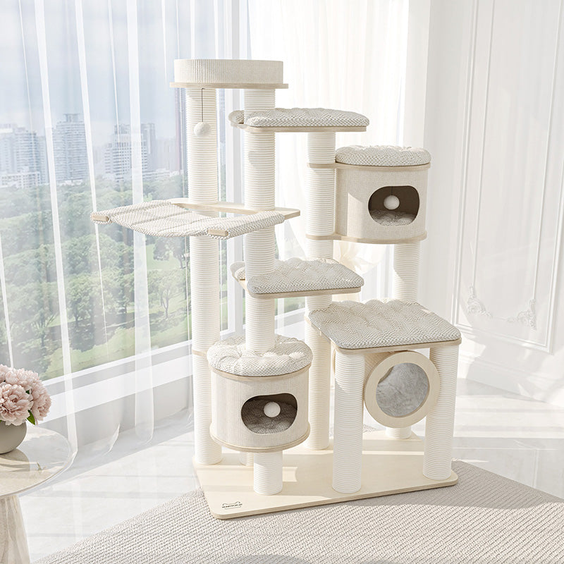 Contemporary Scandinavian 7-Tier Cat Tree with Round Solid Wood Panels, Multi-Layer Construction, Paper Rope Tubes and Corduroy Covers – Stylish Living Room Cat Furniture