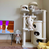 Contemporary Scandinavian 7-Tier Cat Tree with Round Solid Wood Panels, Multi-Layer Construction, Paper Rope Tubes and Corduroy Covers – Stylish Living Room Cat Furniture