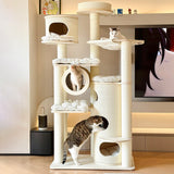 Contemporary Scandinavian 7-Tier Cat Tree with Round Solid Wood Panels, Multi-Layer Construction, Paper Rope Tubes and Corduroy Covers – Stylish Living Room Cat Furniture