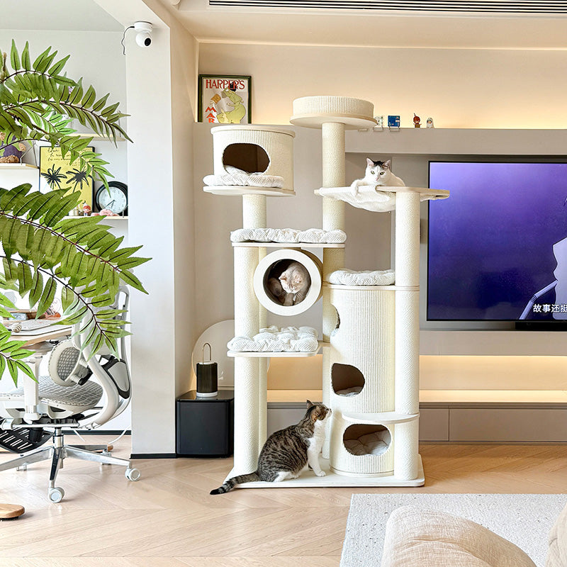 Contemporary Scandinavian 7-Tier Cat Tree with Round Solid Wood Panels, Multi-Layer Construction, Paper Rope Tubes and Corduroy Covers – Stylish Living Room Cat Furniture